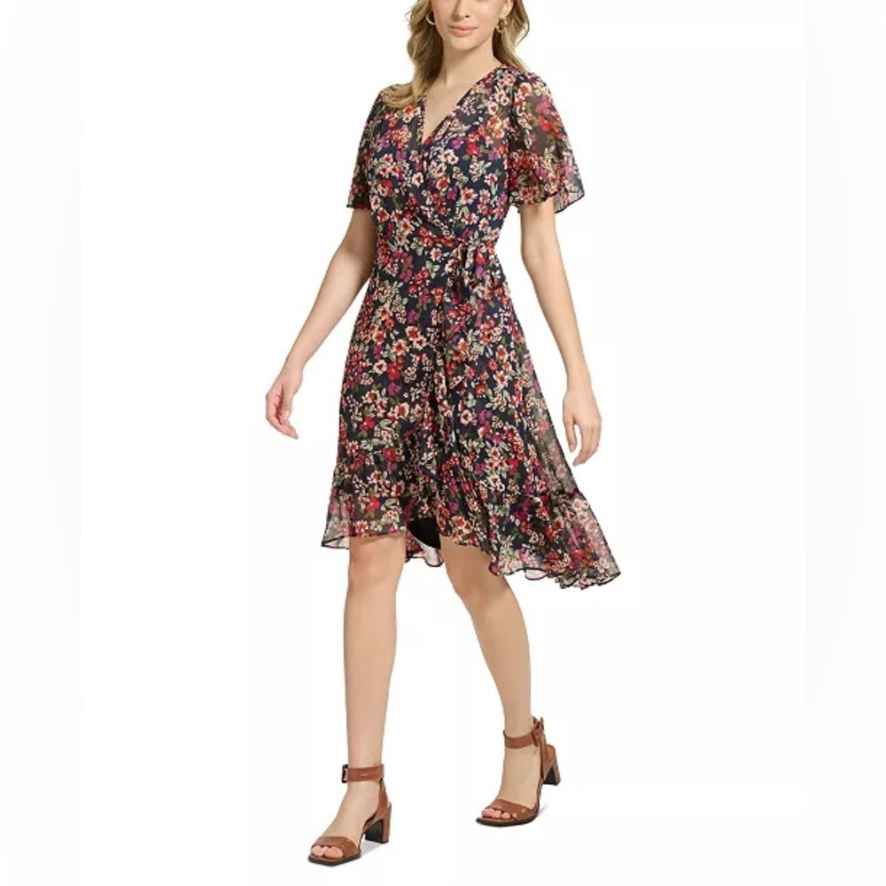 NWT Calvin Klein Women’s Navy Blue Floral Chiffon Dress Size 4
